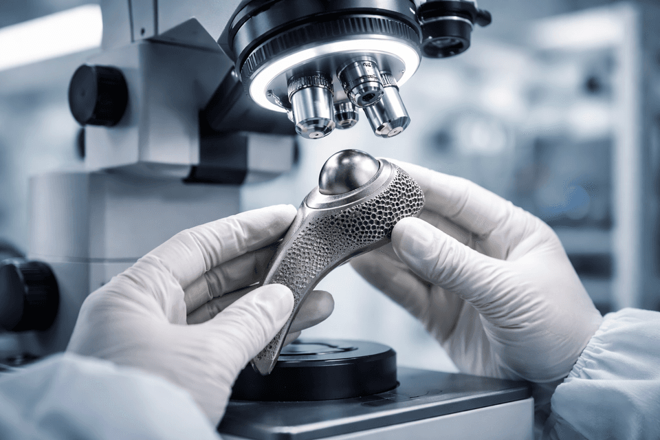 Photorealistic image of a medical implant being examined under high-tech laboratory equipment ensuring biocompatibility