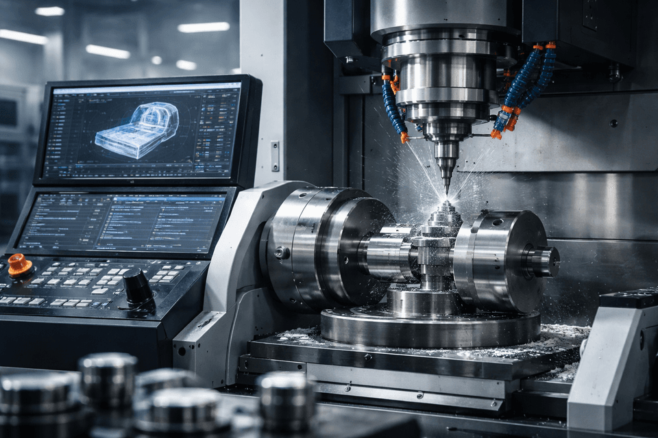 Photorealistic image of a modern CNC machining center operating with guidance from computer software, producing metal parts with high precision in an industrial setting.