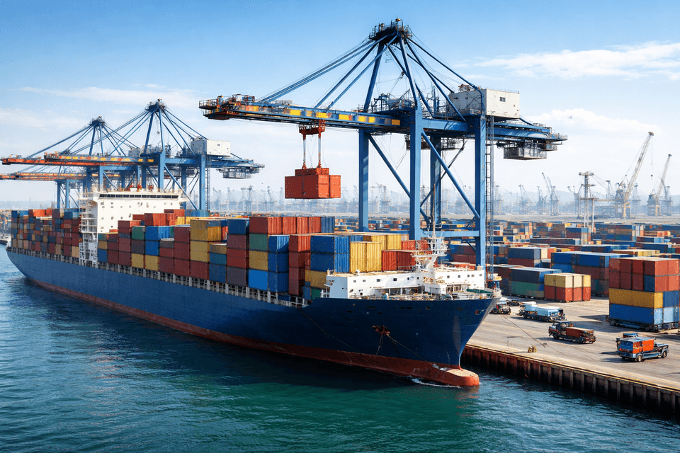Industrial cargo ship unloading containers at port with insurance documents on the side