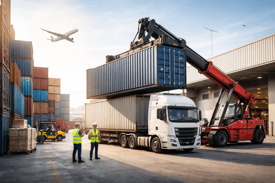 Industrial shipment container being loaded on a truck at a large logistics center, illustrating complete responsibility during delivery.