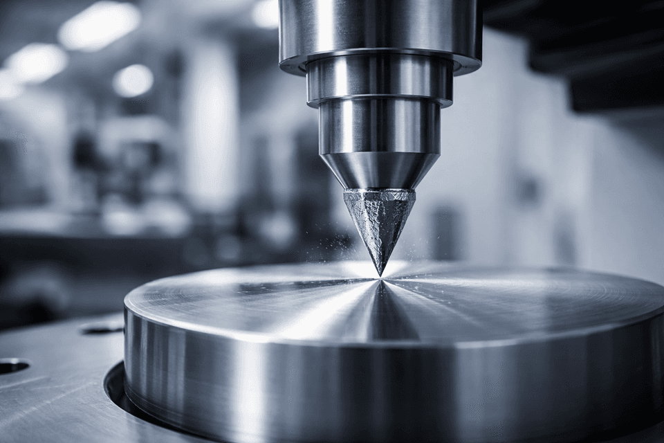 Close-up of a diamond cutting tool indenting a metal surface showcasing hardness testing in an industrial environment
