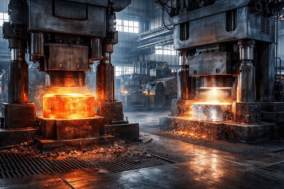 Close-up of copper and aluminum metals being shaped by industrial forging presses in a factory setting