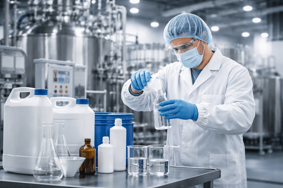 Laboratory technician handling chemicals in a modern industrial setting with safety equipment and chemical containers
