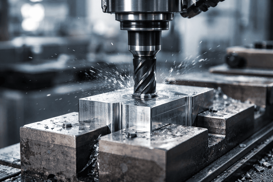 Close-up of a high-precision cutting tool mounted on a CNC milling machine working on a metal workpiece.