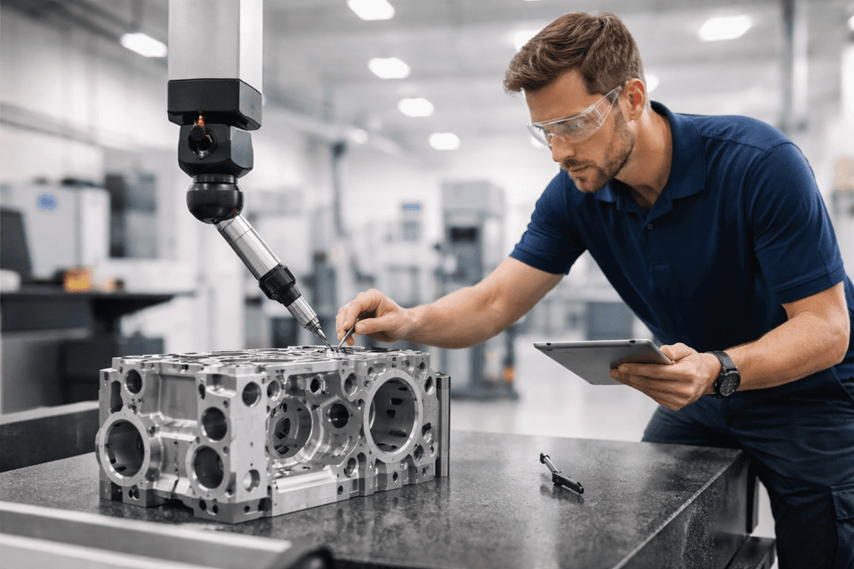 Precision measurement of metal components with high-tech instruments in an industrial setting
