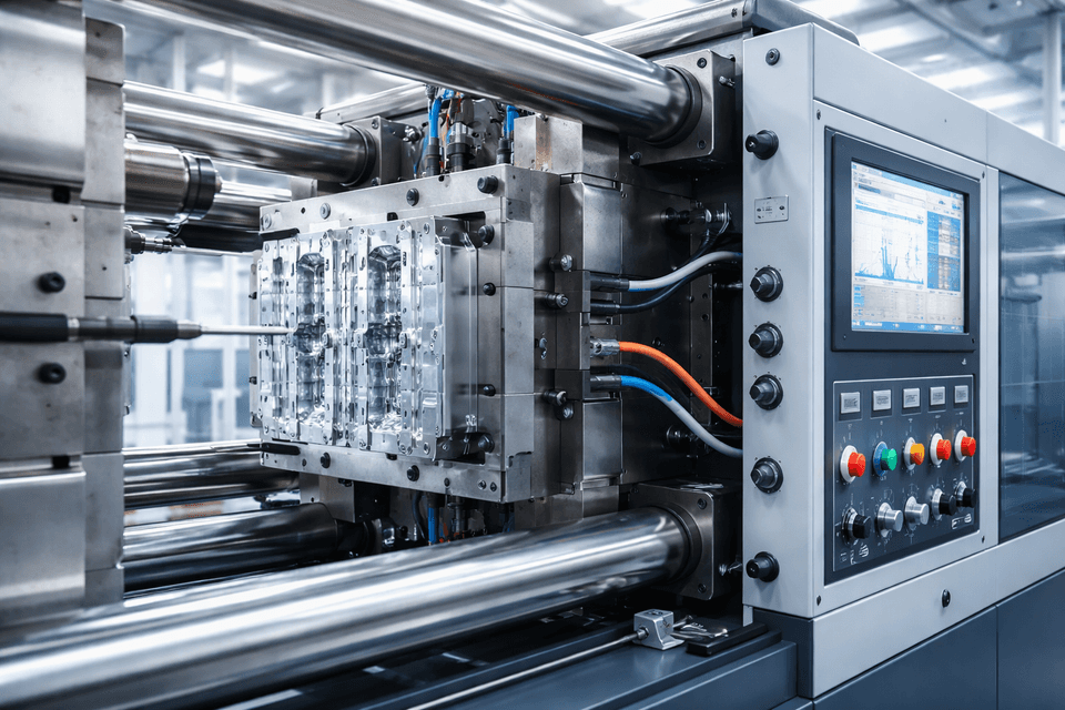 Industrial injection molding machine controlling parameters for plastic injection process