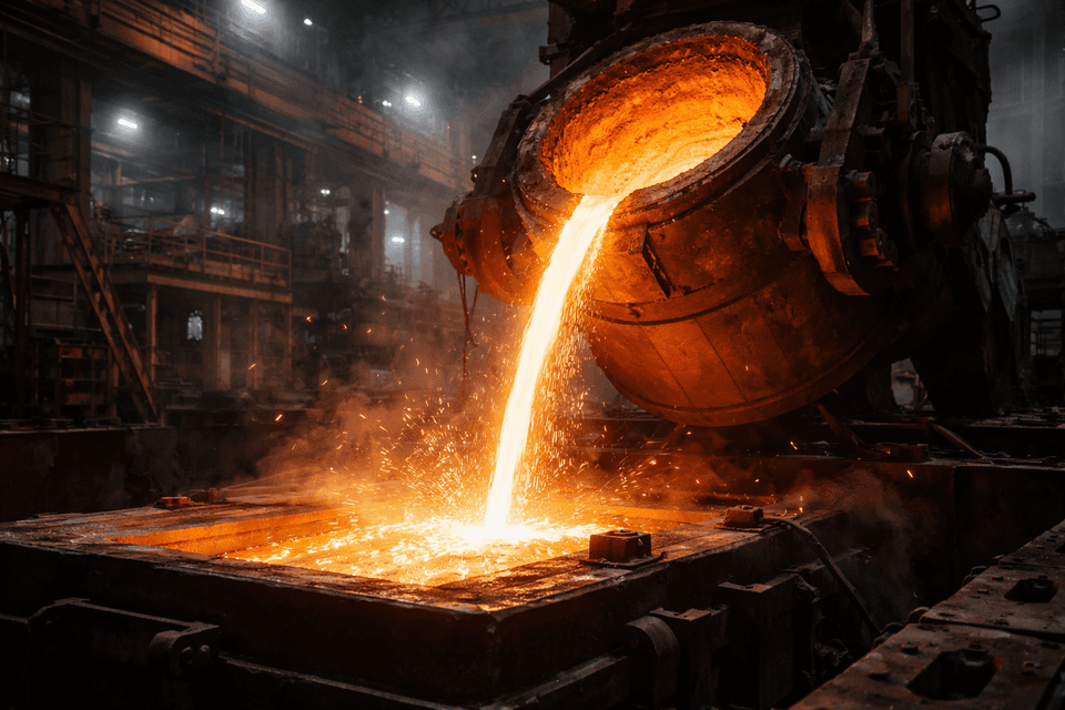 Industrial scene showing molten metal being poured from a furnace into a mold, illustrating melting temperature in manufacturing processes