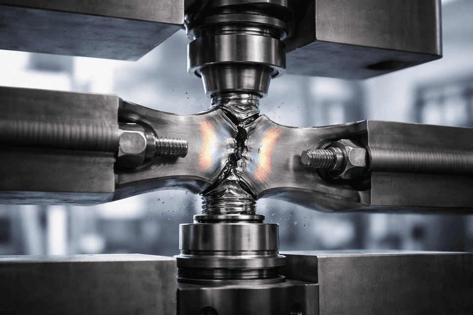 Industrial metallic component under shear testing showing deformation