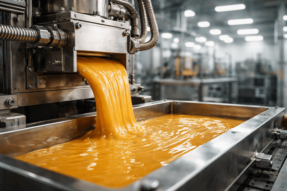 Industrial process showing viscous fluid flow during manufacturing